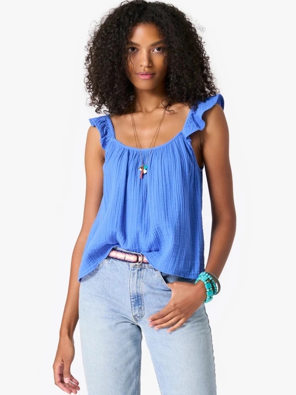 XiRENA Rue Ruffle 100% Cotton Tank Top Size L Blue Boho Chic Coastal Beach